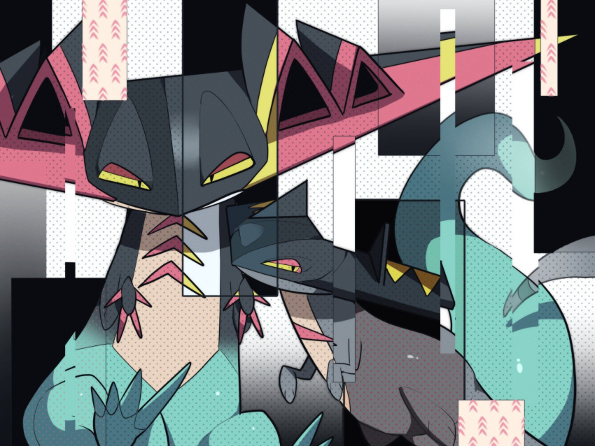 alu_drp chevrons claws closed_mouth dragapult drakloak gen_8_pokemon glitch half-closed_eyes highres looking_at_viewer no_humans pokemon pokemon_(creature) shiny
