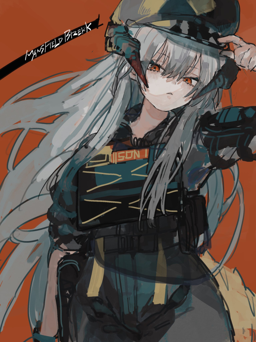 1girl arknights black_shirt cigarette collared_shirt commentary_request dragon_horns eyebrows_visible_through_hair grey_hair hat head_tilt highres horns long_hair looking_at_viewer military_hat official_alternate_costume omcxxx open_collar orange_background orange_eyes plate_carrier police police_uniform saria_(arknights) saria_(the_law)_(arknights) shirt sleeves_rolled_up solo tactical_clothes uniform upper_body
