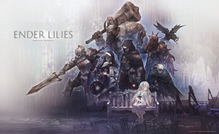 2girls 5boys absurdres armor armored_boots boots child ender_lilies_quietus_of_the_knights gauntlets glowing glowing_eye helmet highres knight miv4t multiple_boys multiple_girls nun official_art original plate_armor polearm red_eyes skeletal_wings sleeping spear sword undead war_hammer weapon wings