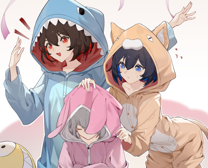 3girls black_hair bronya_zaychik brown_hair eyebrows_visible_through_hair grey_hair honkai_(series) honkai_impact_3rd onesie seele_vollerei sleepwear