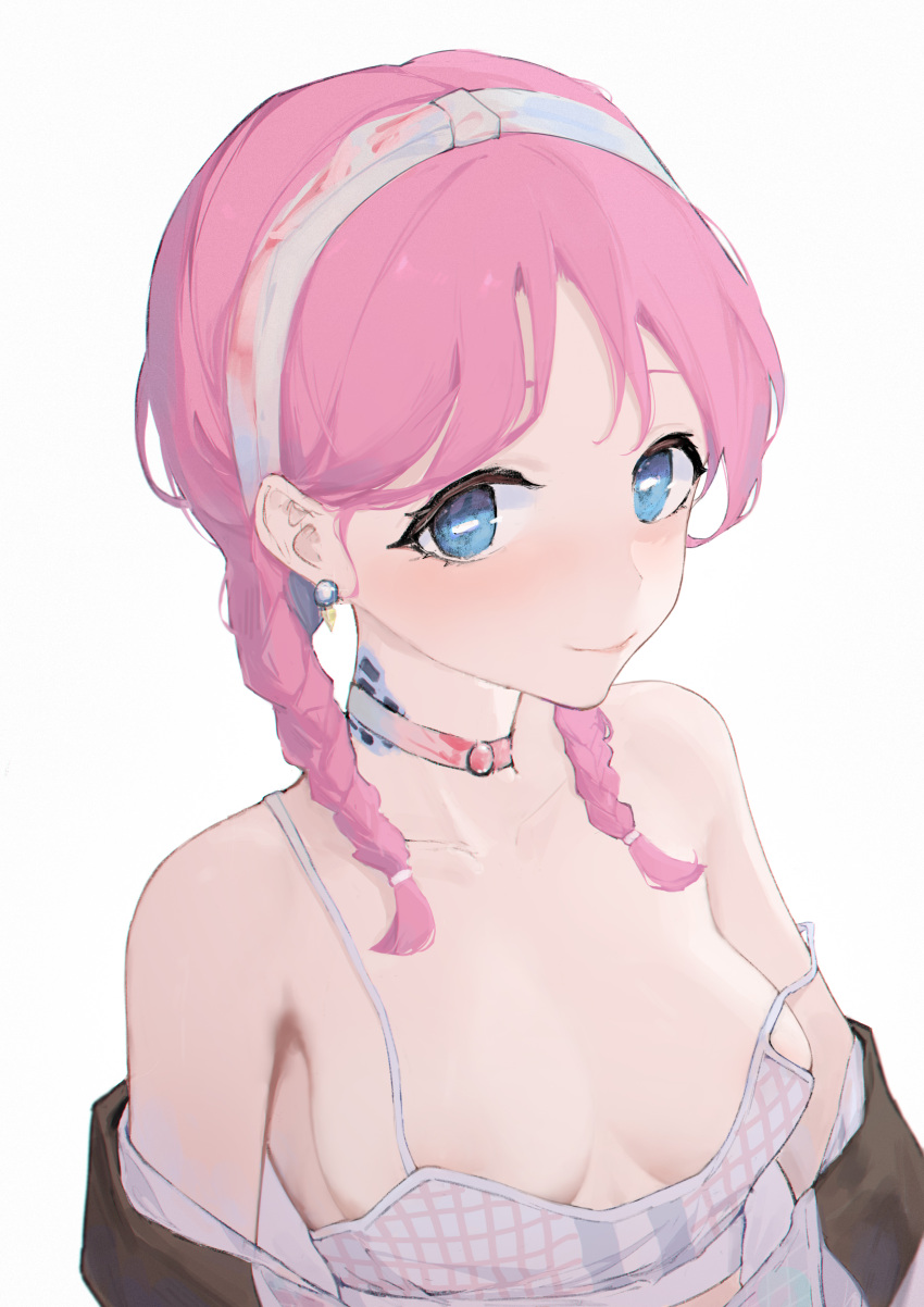 1girl absurdres arknights blue_eyes blue_poison_(arknights) blue_poison_(shoal_beat)_(arknights) braid breasts chinese_commentary choker collarbone hairband highres long_hair looking_at_viewer medium_breasts o-ring o-ring_choker off_shoulder pink_choker pink_hair ruyouguizhu scales solo sports_bra strap_slip twin_braids upper_body white_hairband white_sports_bra