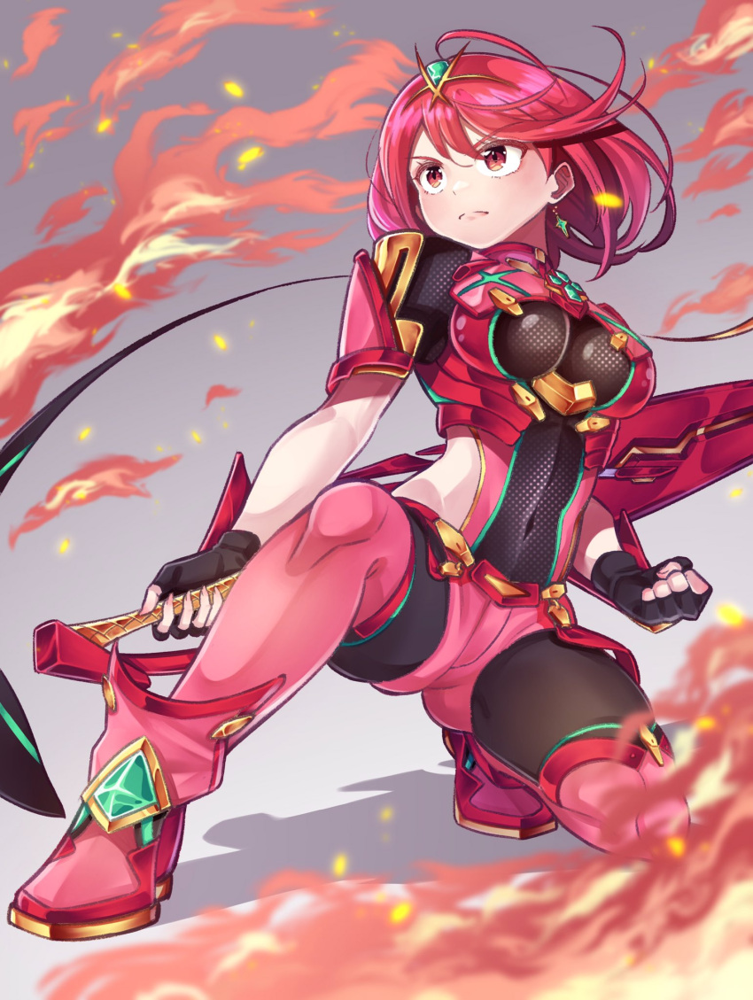 1girl aegis_sword_(xenoblade) bangs black_gloves breasts chest_jewel earrings fingerless_gloves gloves highres hiruclimbing jewelry large_breasts pyra_(xenoblade) red_eyes red_legwear red_shorts redhead short_hair short_shorts shorts swept_bangs sword thigh-highs tiara weapon xenoblade_chronicles_(series) xenoblade_chronicles_2