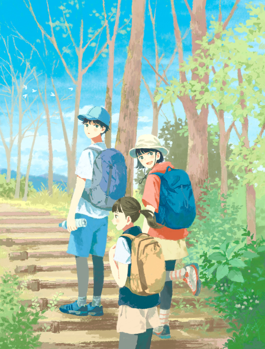 1boy 2girls absurdres backpack bag black_hair blue_bag blue_footwear blue_headwear blue_shorts blue_sky bottle brown_bag brown_hair clouds cloudy_sky hat highres holding holding_bottle inoue_haruka_(haruharu210) leaf multiple_girls original outdoors plant ponytail shoes shorts sky stairs standing tree white_headwear wide_shot