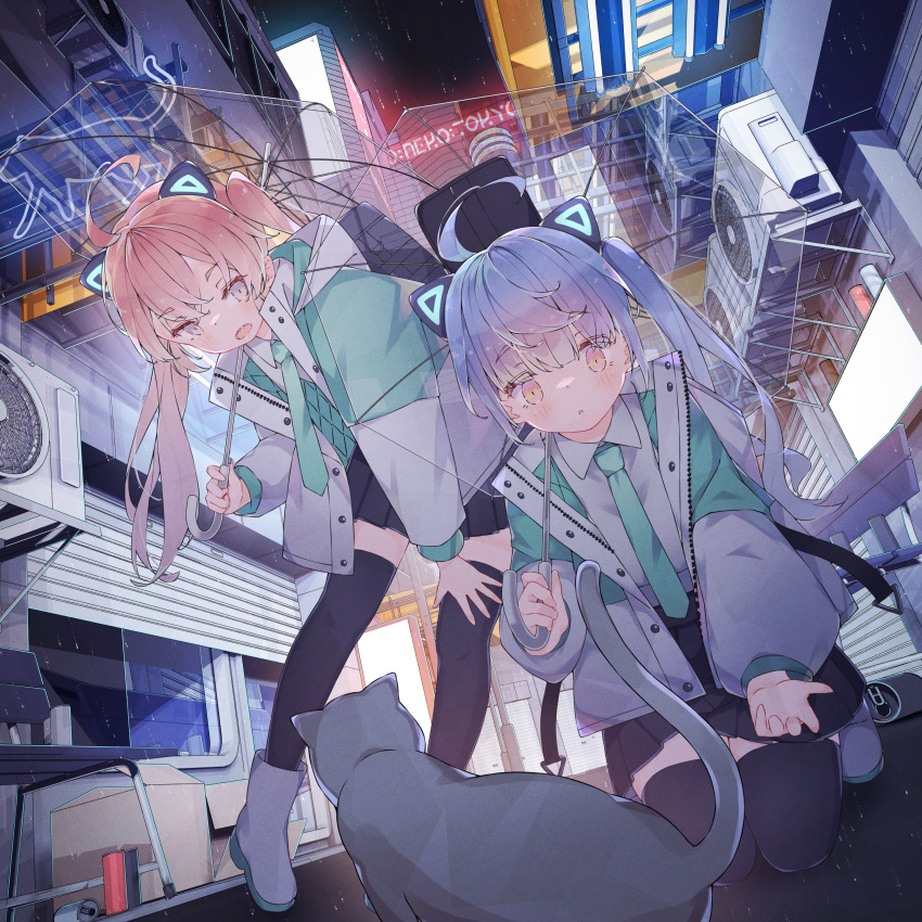 2girls absurdres ahoge air_conditioner animal bangs black_legwear black_skirt blue_eyes blue_hair blush box building can cat chair city collared_shirt commentary_request eyebrows_visible_through_hair green_neckwear hand_on_own_knee highres hoji_(hooooooooji1029) holding holding_umbrella huge_filesize jacket kneeling leaning_forward long_hair long_sleeves looking_at_animal miniskirt multiple_girls necktie neko_hacker night official_art open_clothes open_jacket open_mouth outdoors pink_eyes pink_hair pleated_skirt puffy_long_sleeves puffy_sleeves sera_(neko_hacker) shirt sho_(neko_hacker) shoes short_eyebrows side_ponytail skirt standing thigh-highs transparent transparent_umbrella twintails umbrella white_footwear white_jacket white_shirt