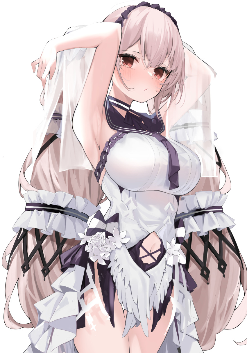 1girl absurdres armpits arms_up azur_lane bangs black_hairband blush breasts brown_hair closed_mouth clothing_cutout cowboy_shot dress flower formidable_(azur_lane) formidable_(timeless_classics)_(azur_lane) hairband highres impossible_clothes impossible_dress large_breasts long_hair navel navel_cutout nephthys2356 official_alternate_costume red_eyes rose simple_background sleeveless sleeveless_dress solo thighs twintails veil very_long_hair waist_cape white_background white_dress white_flower white_rose