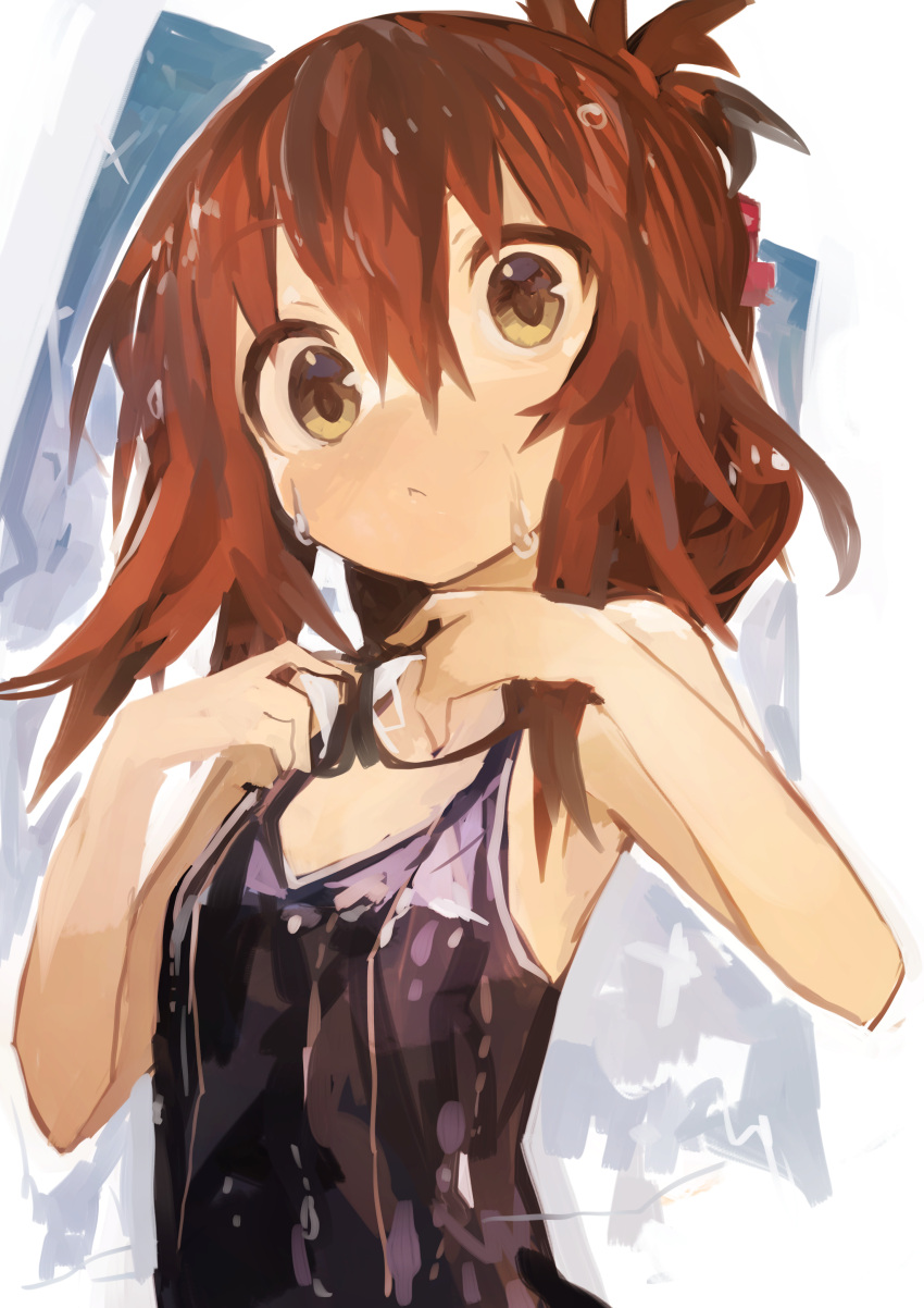 1girl absurdres bare_arms bare_shoulders black_swimsuit brown_eyes brown_hair closed_mouth eyebrows_visible_through_hair folded_ponytail hair_between_eyes highres inazuma_(kancolle) kaamin_(mariarose753) kantai_collection long_hair one-piece_swimsuit school_swimsuit solo swimsuit upper_body