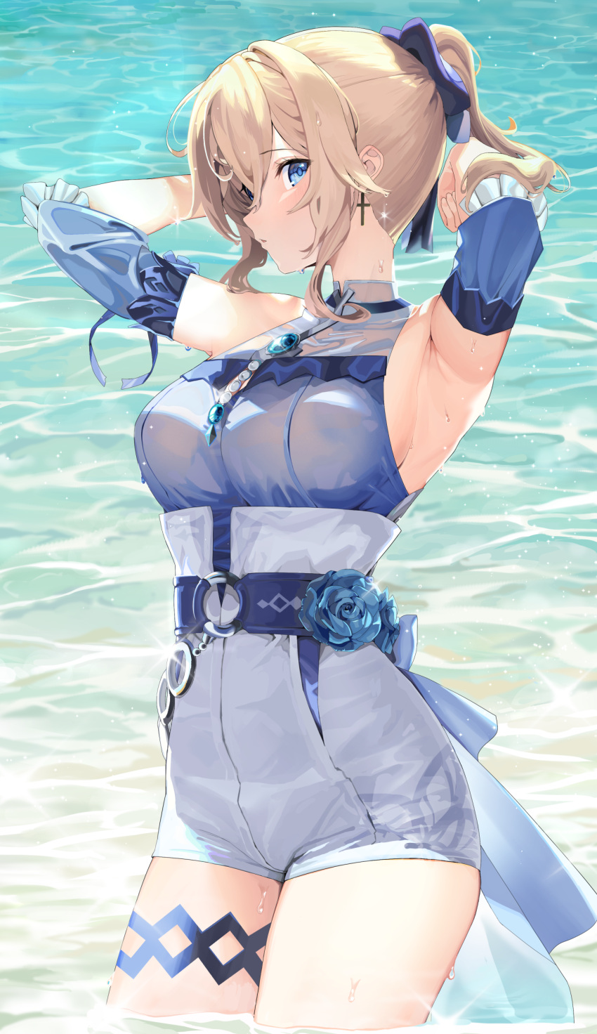 1girl absurdres aqua_flower armpits arms_up b:ga bangs bare_shoulders beach blonde_hair blouse blue_blouse blue_eyes blue_flower blue_rose blue_sky bow cross cross_earrings earrings flower genshin_impact hair_between_eyes hair_bow high-waist_shorts high_ponytail highres jean_(genshin_impact) jean_(sea_breeze_dandelion)_(genshin_impact) jewelry looking_to_the_side ocean official_alternate_costume partially_submerged rose sand shore shorts sky thighlet thighs water wet white_shorts