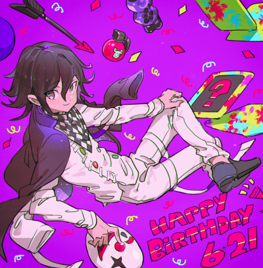 1boy absurdres arrow_(projectile) black_footwear black_hair bomb buttons checkered checkered_neckwear commentary confetti crossed_legs dangan_ronpa_(series) dangan_ronpa_v3:_killing_harmony dated english_text flipped_hair full_body hand_on_own_knee happy_birthday haun highres holding holding_mask huge_filesize jacket jacket_on_shoulders light_smile long_sleeves looking_at_viewer looking_back male_focus mask ouma_kokichi pants purple_background purple_jacket scarf shirt short_hair simple_background solo space_print starry_sky_print straitjacket symbol_commentary tablet_pc violet_eyes white_pants white_shirt