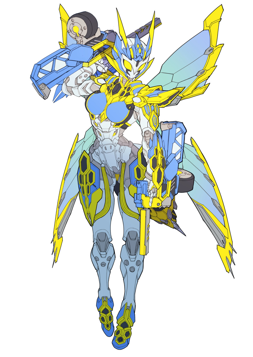 1girl absurdres antennae armor breasts catball1994 commentary_request drum_magazine dual_wielding gun helmet highres holding holding_gun holding_weapon kamen_rider kamen_rider_01_(series) kamen_rider_valkyrie lightning_hornet looking_at_viewer magazine_(weapon) solo tokusatsu weapon white_background wings