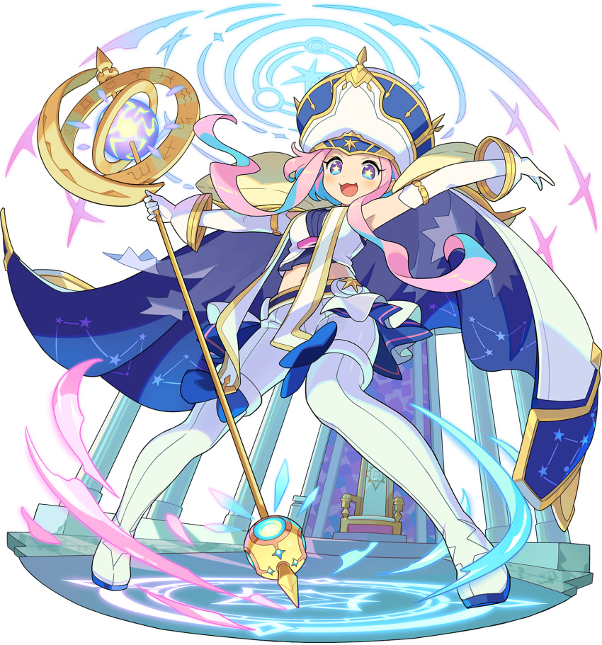 1girl :3 aquarius aries armpits arms_up artist_request aura belt blue_eyes blue_hair blush boots breasts cancer cape capricorn chair constellation_print crop_top elbow_gloves full_body gemini gloves happy hat highres holding holding_staff indoors layered_gloves legs_apart magic_circle midriff multicolored multicolored_clothes multicolored_eyes multicolored_hair multicolored_headwear navel non-web_source official_art open_mouth orb orvelle_(world_flipper) outstretched_arms pants pillar pink_hair pisces priestess sagittarius scorpio shako_cap shirt short_hair_with_long_locks showgirl_skirt sidelocks sleeveless sleeveless_shirt small_breasts smile solo sparkle spread_arms staff standing star-shaped_pupils star_(symbol) streaked_hair symbol-shaped_pupils taurus thigh-highs thigh_boots throne throne_room transparent_background two-sided_cape two-sided_fabric two-tone_hair violet_eyes white_cape white_footwear white_gloves white_legwear white_pants white_shirt world_flipper zodiac