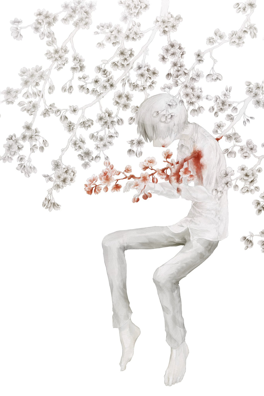 1boy barefoot blood blood_on_face branch collared_shirt flower grey_flower grey_hair grey_pants hair_over_eyes highres impaled long_sleeves original pants red_flower shadow shirt short_hair solo spot_color tembin_3 white_shirt