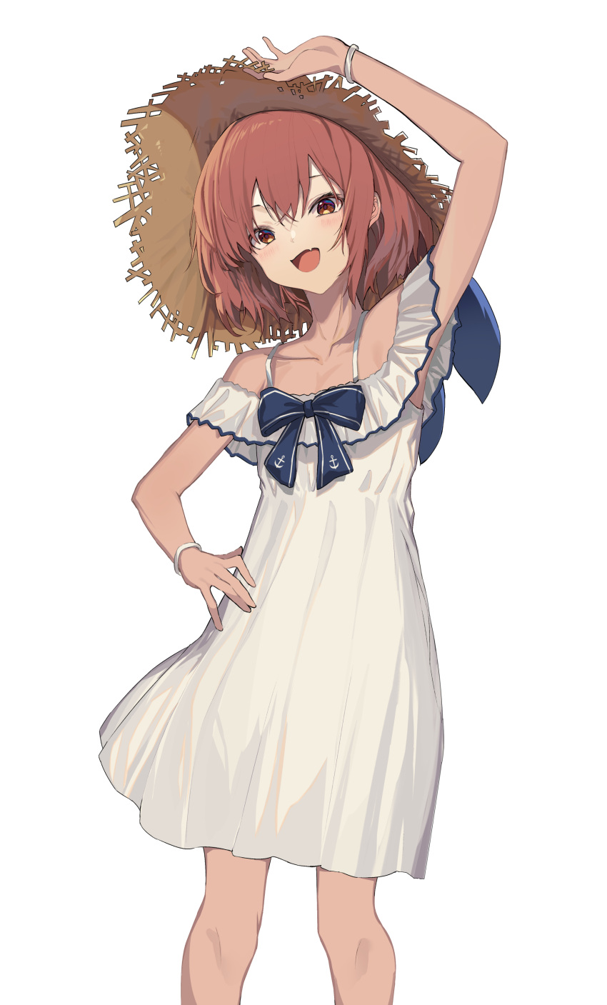 1girl absurdres anchor_symbol brown_eyes brown_hair collarbone dress fang feet_out_of_frame hair_between_eyes hat highres kantai_collection open_mouth oweee short_hair simple_background skin_fang smile solo sun_hat white_background white_dress yukikaze_(kancolle)