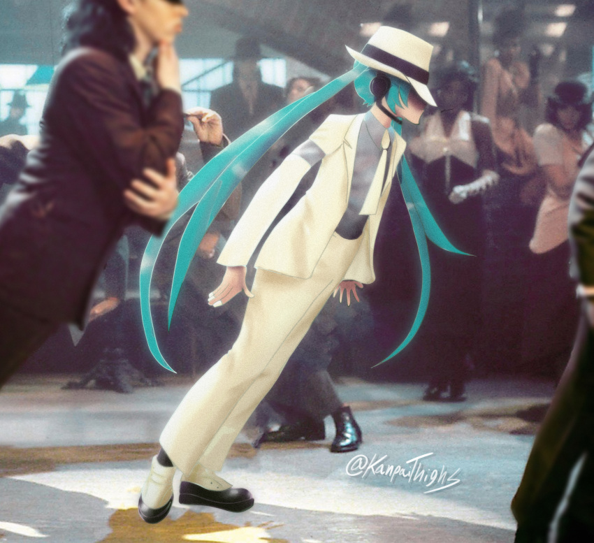 absurdres aqua_hair armband commentary cosplay derivative_work fedora formal from_side full_body grey_shirt hat hatsune_miku headphones headset highres huge_filesize jacket kanpaithighs leaning_forward long_hair michael_jackson michael_jackson_(cosplay) necktie pants parody photo_background shade shirt silver_nails smooth_criminal suit suit_jacket twintails twitter_username very_long_hair vocaloid white_headwear white_jacket white_neckwear white_pants white_suit