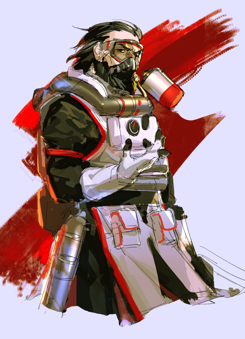 1boy apex_legends bangs black_bodysuit bodysuit brown_eyes brown_hair caustic_(apex_legends) cropped_legs explosive from_side gas_mask goggles grenade hair_behind_ear hair_slicked_back highres looking_at_viewer male_focus mask mouth_mask sketch solo thundergotch v-shaped_eyebrows vest white_vest
