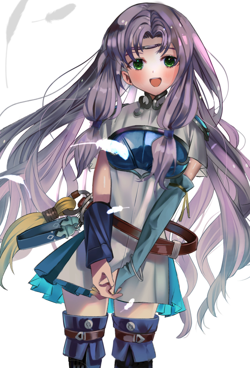 1girl absurdres armor bangs belt blush boots breastplate chil0107 circlet cowboy_shot dress elbow_gloves feathers fire_emblem fire_emblem:_the_blazing_blade florina_(fire_emblem) gloves green_eyes hands_together highres long_hair looking_at_viewer open_mouth parted_bangs pauldrons purple_hair shoulder_armor smile solo thigh-highs thigh_boots upper_teeth very_long_hair white_dress zettai_ryouiki