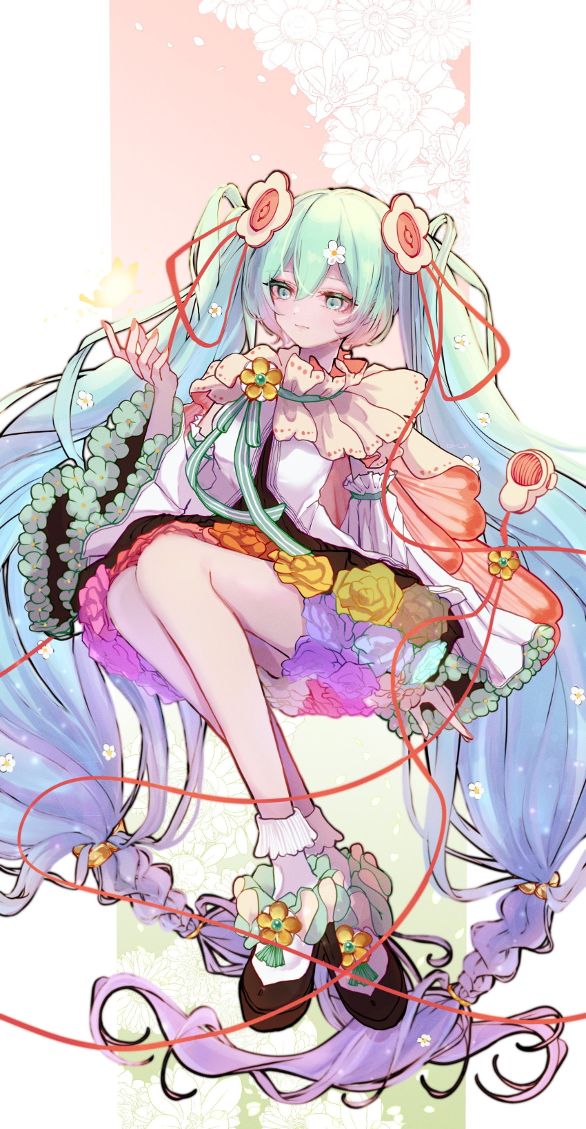 1girl absurdly_long_hair absurdres aqua_eyes aqua_flower aqua_hair aqua_neckwear aqua_ribbon black_skirt blue_flower blue_hair braid cable cape clasp colorful commentary detached_sleeves flower full_body green_flower hatsune_miku highres jewelry katorea layered_sleeves light_smile long_hair magical_mirai_(vocaloid) medallion microphone miniskirt pendant purple_flower rainbow red_flower ribbon shirt skirt solo twin_braids twintails very_long_hair vocaloid white_flower white_shirt white_sleeves yellow_flower