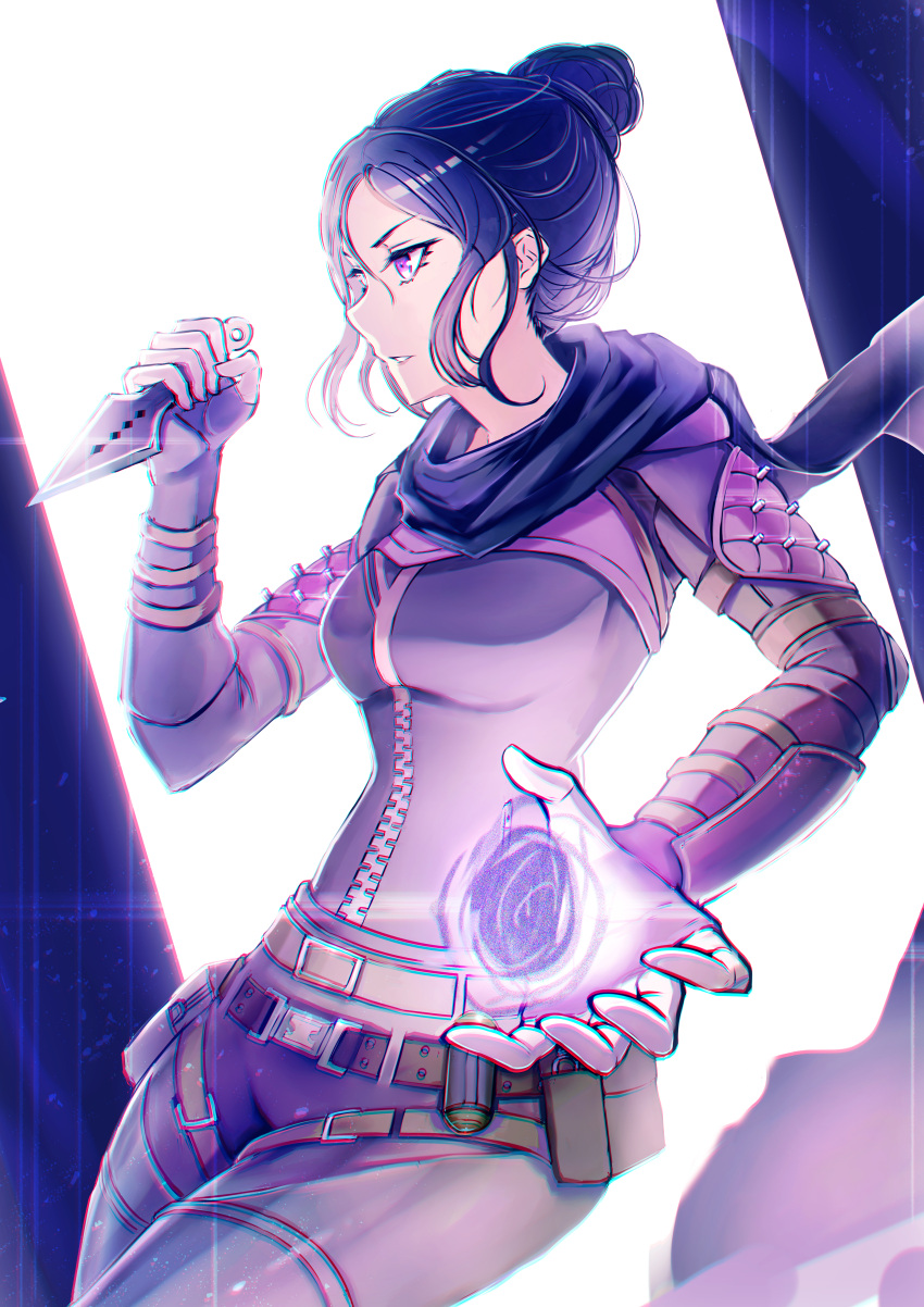 1girl absurdres apex_legends bangs belt black_bodysuit black_hair black_scarf bodysuit breasts brown_belt energy hair_behind_ear hair_bun highres holding holding_knife kiiro_(cocoa080) knife kunai medium_breasts open_hand parted_lips scarf solo thigh_strap violet_eyes weapon wide_hips wraith_(apex_legends)