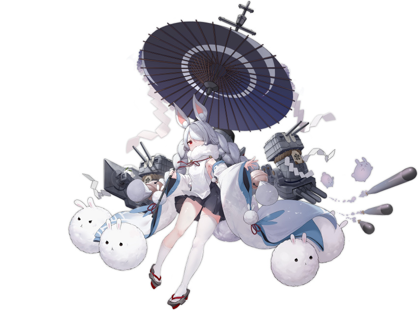 1girl alisa_(kuro_no_sakura) animal_ear_fluff animal_ears azur_lane bell braid detached_sleeves geta hair_bell hair_ornament hair_over_one_eye highres holding holding_umbrella jingle_bell jitome long_hair long_sleeves looking_at_viewer mismatched_legwear official_art oil-paper_umbrella one_eye_covered open_mouth rabbit_ears red_eyes rigging rope shide shimenawa shirayuki_(azur_lane) short_eyebrows single_thighhigh thick_eyebrows thigh-highs torpedo transparent_background turret umbrella white_hair white_legwear wide_sleeves