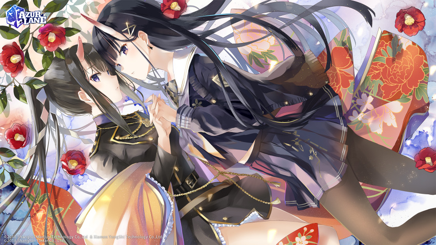 2girls aiguillette azur_lane black_coat black_hair black_legwear blue_shirt blue_skirt breasts closed_mouth coat commentary cowboy_shot earrings english_commentary epaulettes expressionless eyebrows_visible_through_hair face-to-face floating_hair floral_print flower from_above glint hair_ornament hairclip half_updo highres holding_hands horns interlocked_fingers jacket jacket_on_shoulders japanese_clothes jewelry kimono logo long_hair looking_at_viewer lying medium_breasts military military_uniform miniskirt multiple_girls noshiro_(azur_lane) off_shoulder official_art on_side oni_horns orange_kimono pantyhose pleated_skirt ponytail ryuuhou_(azur_lane) sailor_collar school_uniform second-party_source serafuku shirt skirt straight_hair thighs tia_(tia_1207) unbuttoned uniform violet_eyes watermark x_hair_ornament