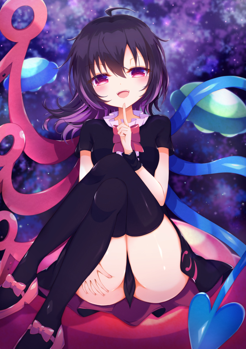 1girl :d ass asymmetrical_wings black_dress black_legwear blonde_hair blue_wings blush bottomless bow breasts center_frills crossed_legs dress finger_to_mouth footwear_bow frills hair_between_eyes hand_on_own_thigh hand_up highres houjuu_nue legs legs_up long_hair looking_at_viewer medium_breasts naughty_face no_panties open_mouth red_eyes red_footwear red_wings short_sleeves skindentation smile solo thigh-highs thigh_grab thighs tomoe_(fdhs5855) touhou ufo upskirt wings