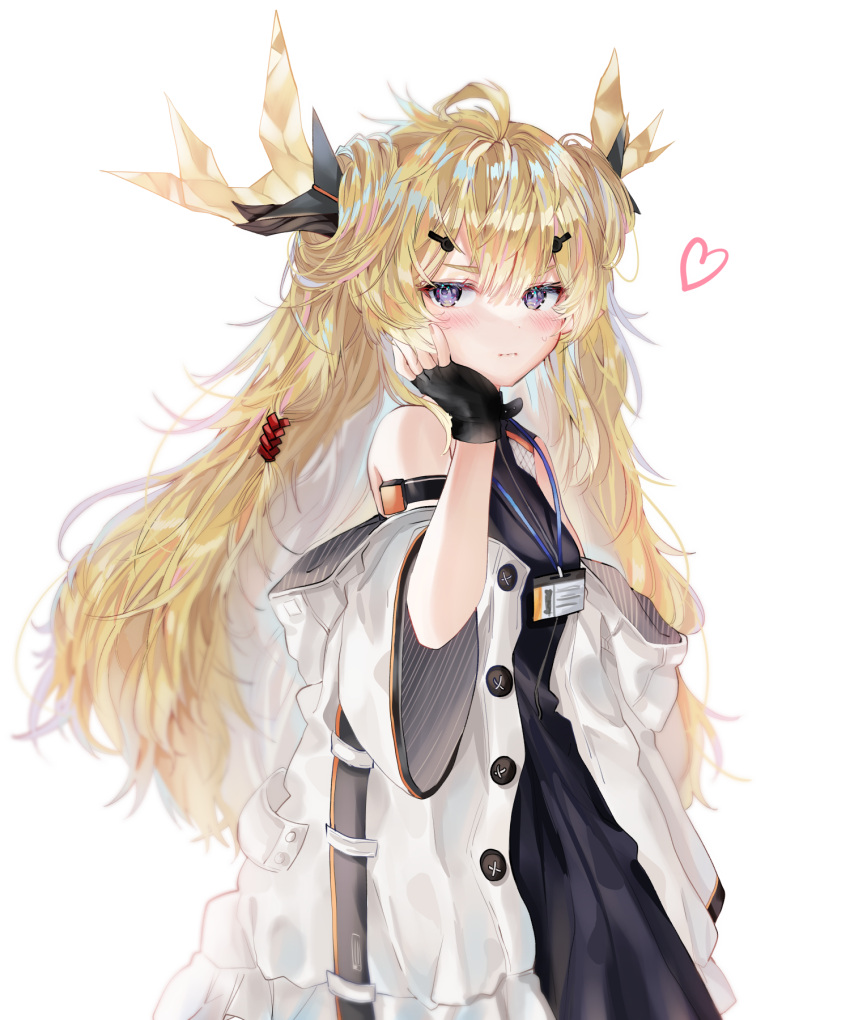 1girl 414_(hncx3355) ahoge arknights bare_shoulders black_dress black_gloves blonde_hair blush coat dress fingerless_gloves gloves hand_on_own_cheek hand_on_own_face heart highres horns id_card korean_commentary leizi_(arknights) long_hair looking_at_viewer off_shoulder simple_background solo upper_body very_long_hair violet_eyes white_background white_coat