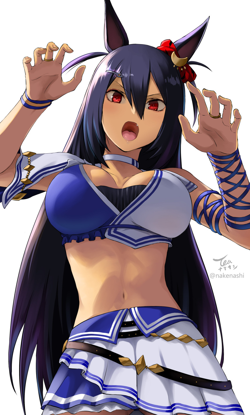1girl :o absurdres animal_ears bare_shoulders black_hair bow breasts choker crop_top dark_skin fang hair_between_eyes hair_bow hair_ornament hairclip hands_up highres hishi_amazon_(umamusume) horse_ears jewelry large_breasts midriff miniskirt navel open_mouth pleated_skirt red_eyes revealing_clothes ring shirt simple_background skirt sleeveless sleeveless_shirt solo stomach tea_(nakenashi) two_side_up umamusume v-shaped_eyebrows white_background white_choker white_skirt wristband