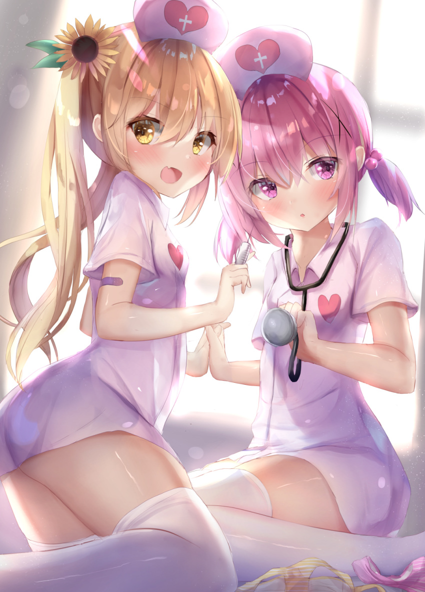 2girls :d :o blurry blurry_background blush collared_dress commentary_request depth_of_field dress fang flower hair_bobbles hair_flower hair_ornament hat highres holding holding_syringe light_brown_hair long_hair low_twintails multiple_girls natuna_natu nurse nurse_cap open_mouth original parted_lips short_sleeves short_twintails smile stethoscope sunflower syringe thigh-highs twintails very_long_hair white_dress white_headwear white_legwear window x_hair_ornament yellow_flower