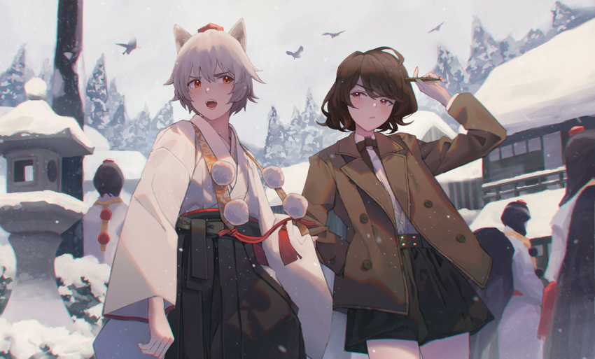 5girls animal_ears bird black_wings brown_hair coat hand_in_pocket hat inubashiri_momiji maachi_(fsam4547) multiple_girls outdoors pointy_ears pom_pom_(clothes) red_eyes shameimaru_aya short_hair silver_hair skirt snow snowing tengu tokin_hat touhou tree wings wolf_ears