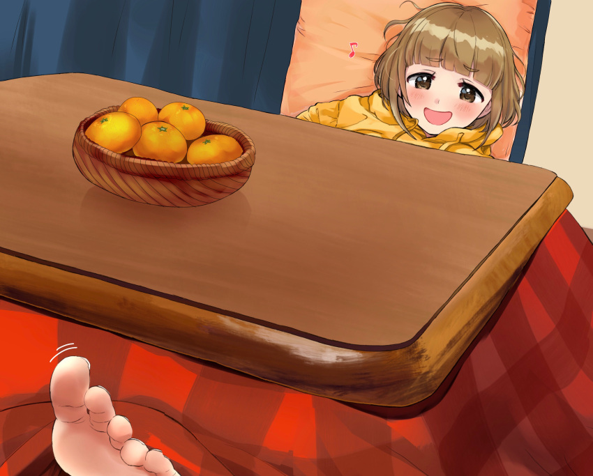 1girl barefoot blush bob_cut brown_hair curtains eyebrows_visible_through_hair feet food fruit highres hood hoodie idolmaster idolmaster_cinderella_girls indoors kitami_yuzu kotatsu musical_note orange_(food) short_hair solo table yellow_hoodie yuzuhota0313