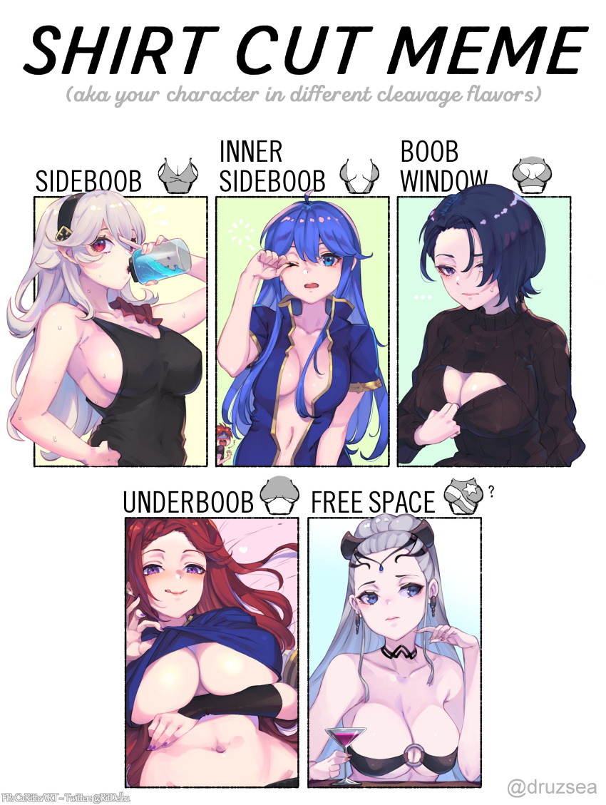 1boy 5girls absurdres bikini bikini_top blue_hair borrowed_garments braid breasts brown_hair chart cleavage_cutout clothes_lift clothing_cutout cocktail_glass corrin_(fire_emblem) corrin_(fire_emblem)_(female) cup drinking drinking_glass eir_(fire_emblem) english_text fire_emblem fire_emblem:_the_binding_blade fire_emblem:_three_houses fire_emblem_fates fire_emblem_heroes highres large_breasts lilina_(fire_emblem) loki_(fire_emblem) long_hair looking_at_viewer medium_breasts meme multiple_girls no_bra o-ring o-ring_bikini open_clothes pointy_ears ritence roy_(fire_emblem) shamir_nevrand shirt_cut_meme shirt_lift short_hair sideboob silver_hair smile swimsuit under_boob