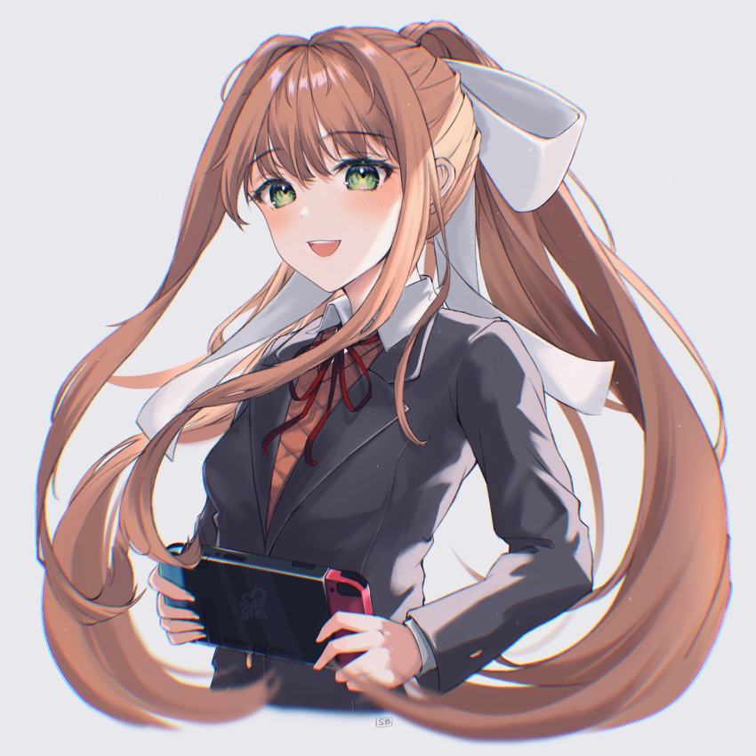 1girl :d bangs blush bow brown_hair commentary cropped_torso doki_doki_literature_club eyebrows_visible_through_hair green_eyes grey_jacket hair_between_eyes hair_ribbon handheld_game_console highres holding holding_handheld_game_console jacket long_hair long_sleeves looking_at_viewer monika_(doki_doki_literature_club) nintendo_switch open_mouth ponytail ribbon sidelocks simple_background smile solo soybean_(hisoybean) upper_body very_long_hair white_bow