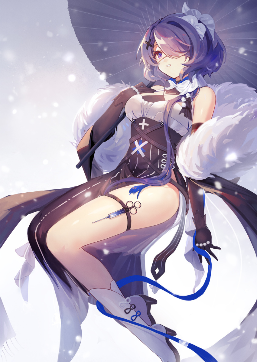 1girl arknights bangs bare_shoulders black_dress black_gloves black_sleeves boots breasts detached_sleeves dress eyepatch gloves hair_ornament hair_over_one_eye hand_on_own_chest highres long_sleeves medical_eyepatch parted_lips puffy_long_sleeves puffy_sleeves sharlorc short_hair solo syringe violet_eyes whisperain_(arknights) white_footwear white_headwear x_hair_ornament