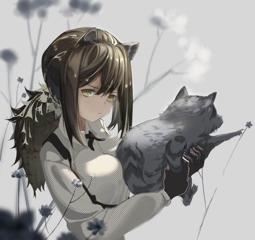 1girl absurdres animal animal_ears animal_hands arknights beancake black_gloves closed_mouth commentary ear_piercing gloves grey_background hair_between_eyes hand_up highres holding holding_animal huge_filesize long_hair long_sleeves looking_at_viewer parted_lips piercing ponytail pout raccoon raccoon_ears robin_(arknights) shirt solo white_shirt yellow_eyes