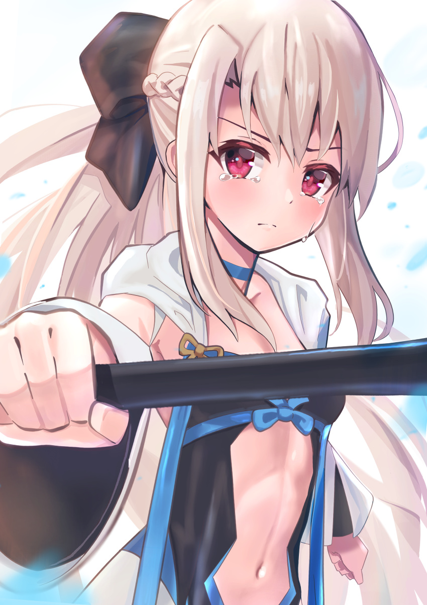 1girl absurdres black_bow blonde_hair blue_bow blue_neckwear bow braid cape choker closed_mouth cosplay disconnected_mouth fate/grand_order fate/kaleid_liner_prisma_illya fate_(series) frown glaring hair_bow highres holding holding_staff illyasviel_von_einzbern long_hair looking_at_viewer morgan_le_fay_(fate) morgan_le_fay_(fate)_(cosplay) navel pan_korokorosuke ponytail red_eyes serious simple_background solo staff tears upper_body white_background white_cape