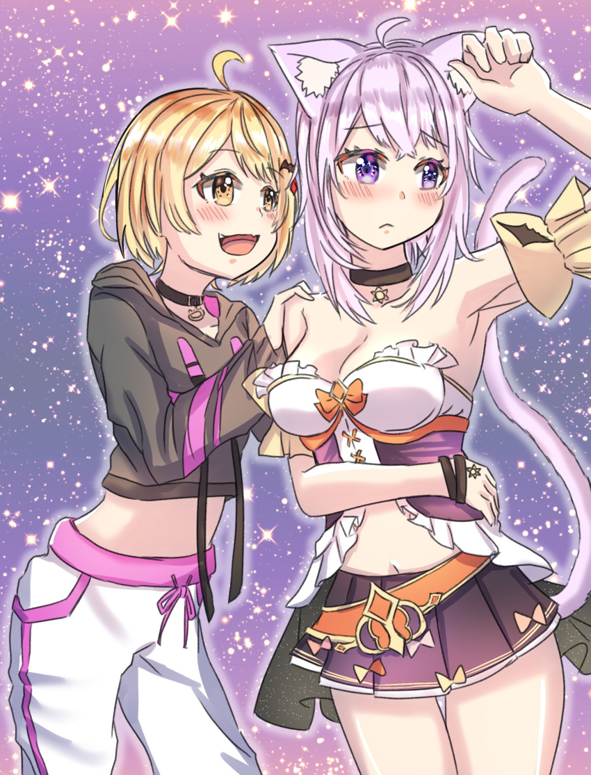 2girls absurdres ahoge animal_ears black_hoodie blonde_hair blush cat_ears cat_girl cat_tail choker cosplay costume_switch drawstring fang highres hololive hood hoodie long_hair long_sleeves looking_at_viewer midriff multiple_girls nekomata_okayu nootomo open_mouth pants purple_background purple_hair purple_skirt short_hair skirt starry_background tail track_pants violet_eyes virtual_youtuber yellow_eyes yozora_mel