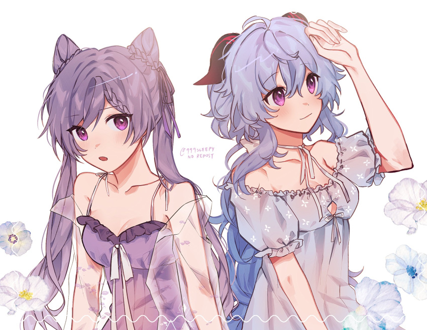 2girls alternate_costume black_horns blue_hair detached_sleeves flower ganyu_(genshin_impact) genshin_impact goat_horns hair_bun hair_ornament hair_ribbon highres horns keqing_(genshin_impact) multiple_girls open_mouth qiqi_(999sleepy) ribbon short_sleeves simple_background violet_eyes white_background