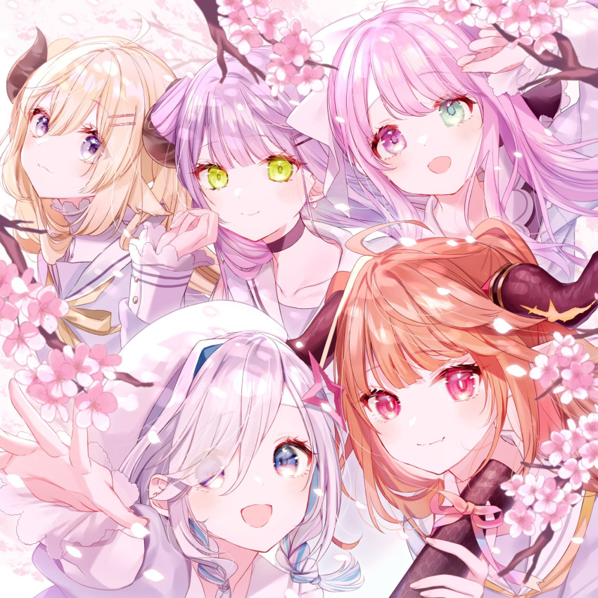 5girls ahoge album_cover alternate_costume amane_kanata angel animal_ears arm_up bangs beret black_choker blonde_hair blue_eyes blue_hair blunt_bangs blush bow braid branch cherry_blossoms choker closed_mouth collarbone colored_inner_hair commentary_request cover curled_horns demon_girl diploma dragon_girl dragon_horns earrings eyebrows_visible_through_hair eyes_visible_through_hair falling_petals fang green_eyes hair_between_eyes hair_bow hair_bun hair_ornament hair_over_one_eye hairclip hand_up hat heterochromia highres himemori_luna holding hololive horns jewelry kiryu_coco long_hair long_sleeves looking_at_viewer low_twin_braids low_twintails misumi_(macaroni) multicolored_hair multiple_girls official_art open_mouth outstretched_arm petals pink_hair purple_hair reaching red_eyes sheep_ears sheep_girl sheep_horns sidelocks silver_hair single_hair_intake skin_fang smile star_(symbol) star_hair_ornament streaked_hair swept_bangs tokoyami_towa tsunomaki_watame twin_braids twintails upper_body violet_eyes virtual_youtuber white_bow white_headwear