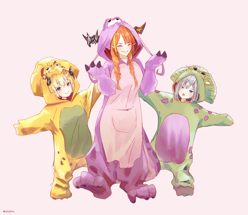 3girls absurdres alternate_costume amane_kanata angel animal_costume bangs barney_&amp;_friends blonde_hair blue_eyes blue_hair bow braid closed_eyes closed_mouth colored_inner_hair commentary cosplay curled_horns diagonal-striped_bow dinosaur_costume dragon_costume dragon_girl dragon_horns english_commentary eyebrows_visible_through_hair full_body grin hair_ornament hairclip highres hololive hood hood_up horn_bow horns jitome kigurumi kiryu_coco kiryu_coco_(dragon) light_blush long_hair looking_at_viewer low_twin_braids low_twintails mascot_costume mr.holmes multicolored_hair multiple_girls official_alternate_costume orange_hair outstretched_arms pink_background pointy_ears sheep_girl sheep_horns short_hair sidelocks silver_hair simple_background smile standing streaked_hair striped striped_bow tsunomaki_watame twin_braids twintails twitter_username virtual_youtuber