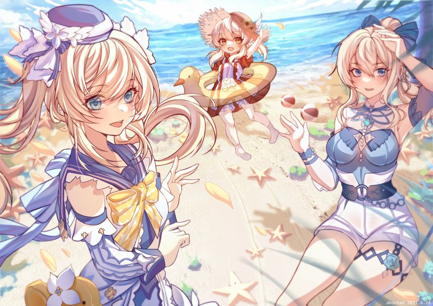 3girls :d absurdres ahoge akochan alternate_costume arm_up bag ball bangs barbara_(genshin_impact) barbara_(summertime_sparkle)_(genshin_impact) beach beachball blue_eyes blue_sky blue_swimsuit blurry bow choker clouds cloudy_sky clover_print commentary_request depth_of_field detached_sleeves drill_hair eyebrows_visible_through_hair genshin_impact hair_between_eyes hair_bow hair_ribbon handbag hat highres holding horizon huge_filesize innertube jean_(genshin_impact) jean_(sea_breeze_dandelion)_(genshin_impact) klee_(genshin_impact) light_brown_hair long_hair looking_at_viewer low_twintails multiple_girls ocean open_mouth orange_eyes ponytail ribbon sailor_collar sidelocks sky smile starfish straw_hat summer swimsuit twin_drills twintails waving