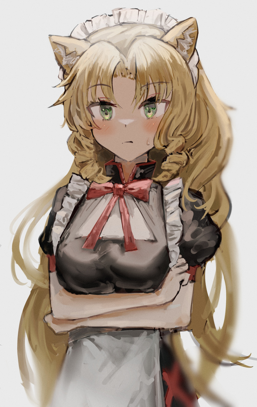 1girl absurdres animal_ears apron arknights black_dress blonde_hair blush bow bowtie dress drill_hair grey_background hachiko_(0088) highres long_hair looking_at_viewer maid maid_headdress red_neckwear solo sweatdrop swire_(arknights) tiger_ears twin_drills upper_body very_long_hair white_apron