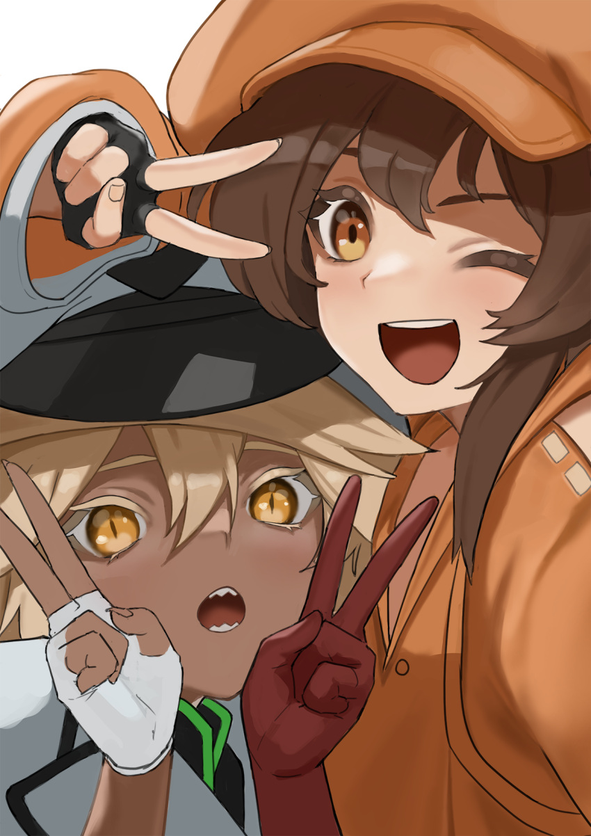 2girls :d bangs black_gloves blonde_hair brown_eyes brown_hair dark_skin double_v fingerless_gloves flasso gloves guilty_gear guilty_gear_strive hair_between_eyes hat highres may_(guilty_gear) multiple_girls one_eye_closed open_mouth orange_headwear orange_shirt ramlethal_valentine sharp_teeth shirt slit_pupils smile teeth v white_gloves yellow_eyes