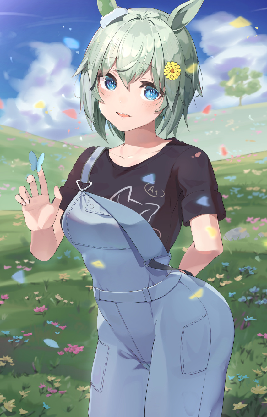 1girl absurdres animal_ears appo_(36786257) arm_behind_back bangs black_shirt blue_eyes blush bug butterfly butterfly_on_finger butterfly_on_hand contrapposto cowboy_shot ear_covers field fingernails flower flower_field green_hair hair_flower hair_ornament highres horse_ears insect looking_at_viewer outdoors overalls parted_lips seiun_sky_(umamusume) shirt short_hair smile solo t-shirt umamusume