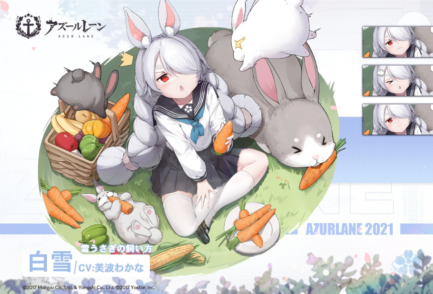 1girl :&lt; alisa_(kuro_no_sakura) animal_ear_fluff animal_ears azur_lane black_skirt carrot commentary_request copyright_name corn expressions grass grey_hair highres holding_carrot long_hair long_sleeves looking_at_viewer looking_up mismatched_legwear official_alternate_costume official_art picnic_basket pleated_skirt promotional_art rabbit rabbit_ears rabbit_girl red_eyes sakura_empire_(emblem) school_uniform serafuku shirayuki_(azur_lane) shirt single_thighhigh sitting skirt solo squash thigh-highs very_long_hair white_legwear white_shirt