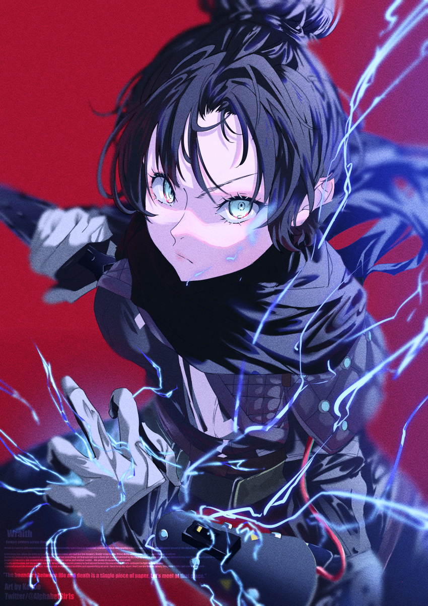 1girl absurdres apex_legends bangs black_bodysuit black_scarf blue_eyes bodysuit character_name electricity english_text eyebrows_behind_hair gloves grey_gloves hair_behind_ear hair_bun highres holding holding_knife huge_filesize knife kogoe_(alphabetgir1s) kunai looking_at_viewer open_hand scarf solo v-shaped_eyebrows weapon wraith_(apex_legends)