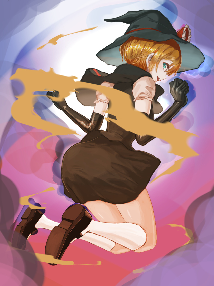 1girl bangs black_footwear black_gloves black_headwear black_skirt black_vest blonde_hair blouse blue_eyes bow commentary cookie_(touhou) elbow_gloves full_body gloves hat hat_bow highres johnnyyyyy kirisame_marisa looking_at_viewer looking_back mary_janes meguru_(cookie) open_mouth puffy_short_sleeves puffy_sleeves red_bow shoes short_hair short_sleeves skirt socks solo touhou vest white_blouse white_legwear witch_hat