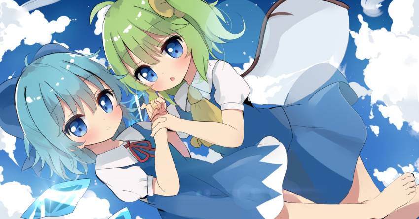 2girls antidote ascot bangs barefoot blue_bow blue_dress blue_eyes blue_hair blue_shirt blue_skirt blue_sky bow cirno closed_mouth clouds daiyousei dress eyebrows_visible_through_hair fairy_wings green_hair hair_bow hands_together highres ice ice_wings looking_at_viewer multiple_girls neck_ribbon open_mouth outdoors puffy_short_sleeves puffy_sleeves red_ribbon ribbon shirt short_hair short_sleeves skirt sky touhou white_shirt wings yellow_neckwear