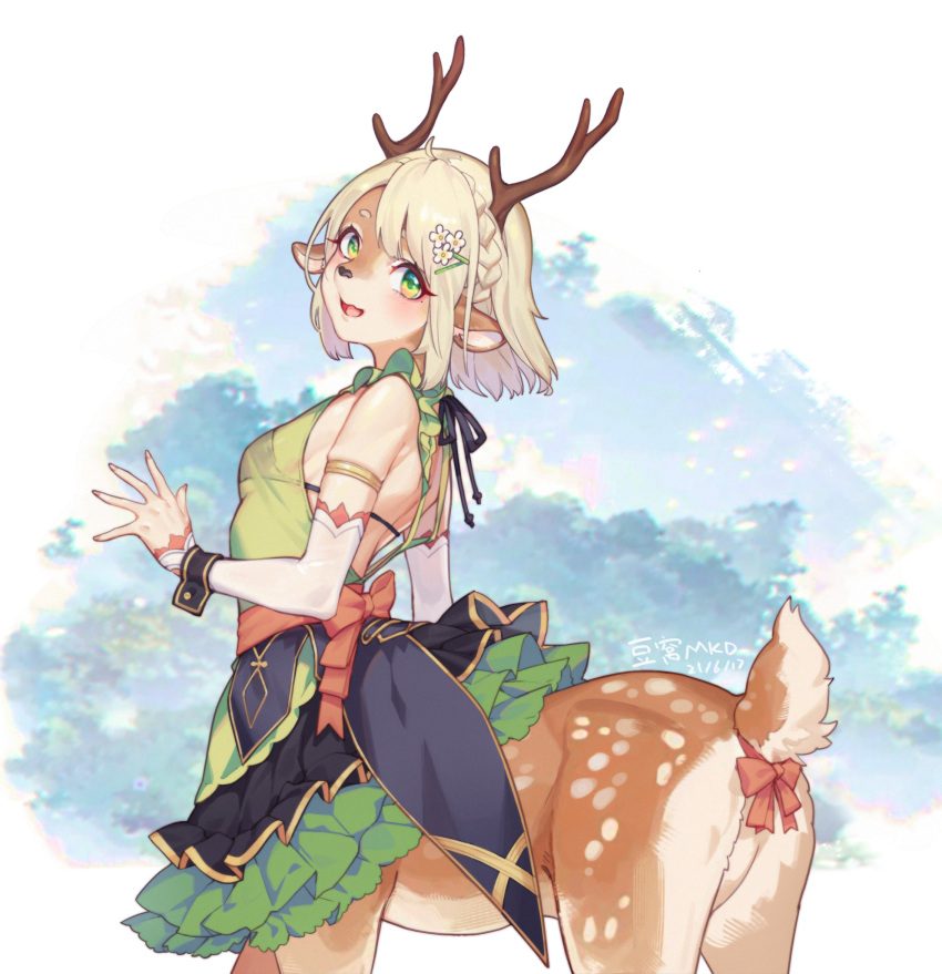 1girl :d ahoge animal_ears armlet artist_name backless_dress backless_outfit bangs bare_shoulders black_bra blush bra braid breasts centauroid chinese_commentary commentary_request cowboy_shot dated deer_antlers deer_ears detached_sleeves douwo_mkd dress flower french_braid frilled_dress frills from_side furry green_dress green_eyes grey_hair hair_between_eyes hair_flower hair_ornament highres looking_at_viewer mole mole_under_eye monster_girl open_mouth original partial_commentary pink_ribbon ribbon sash see-through_dress short_eyebrows short_hair sidelocks small_breasts smile snout solo standing tail tail_ornament tail_ribbon taur underwear white_sleeves wrist_cuffs