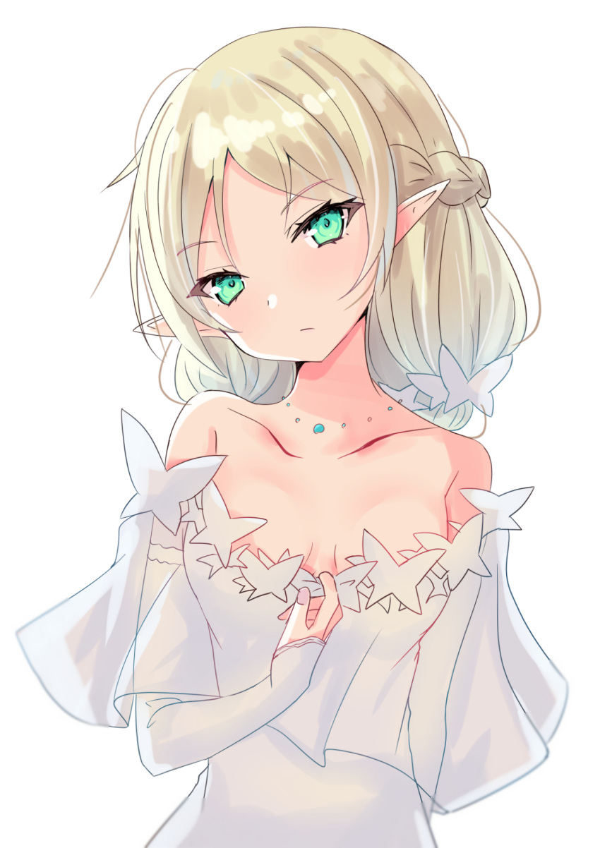 1girl bangs bare_shoulders blonde_hair braid breasts closed_mouth collarbone commentary_request dress eyebrows_visible_through_hair flower green_eyes hair_flower hair_ornament head_tilt highres hizaka isekai_ojisan jewelry long_sleeves necklace off-shoulder_dress off_shoulder parted_bangs pointy_ears simple_background sleeves_past_wrists small_breasts solo tsundere_elf white_background white_dress white_flower