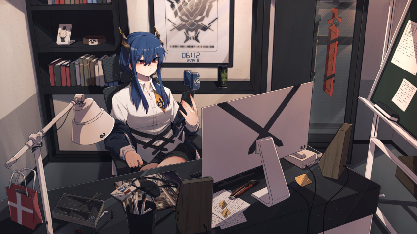 1girl absurdres arknights bag black_shorts blue_hair blue_jacket board_eraser book boxcutter brand_name_imitation cellphone ch'en_(arknights) chalkboard chi_xiao_(arknights) cowboy_shot cup desk desk_lamp dragon_horns great_lungmen_logo highres holding holding_phone horns id_card if_f jacket kjerag_logo lamp long_hair looking_at_phone monitor monster_energy mouse_(computer) obentou off_shoulder phone red_eyes shirt shorts smartphone solo speaker sticky_note sword twintails watch watch weapon weapon_case white_shirt