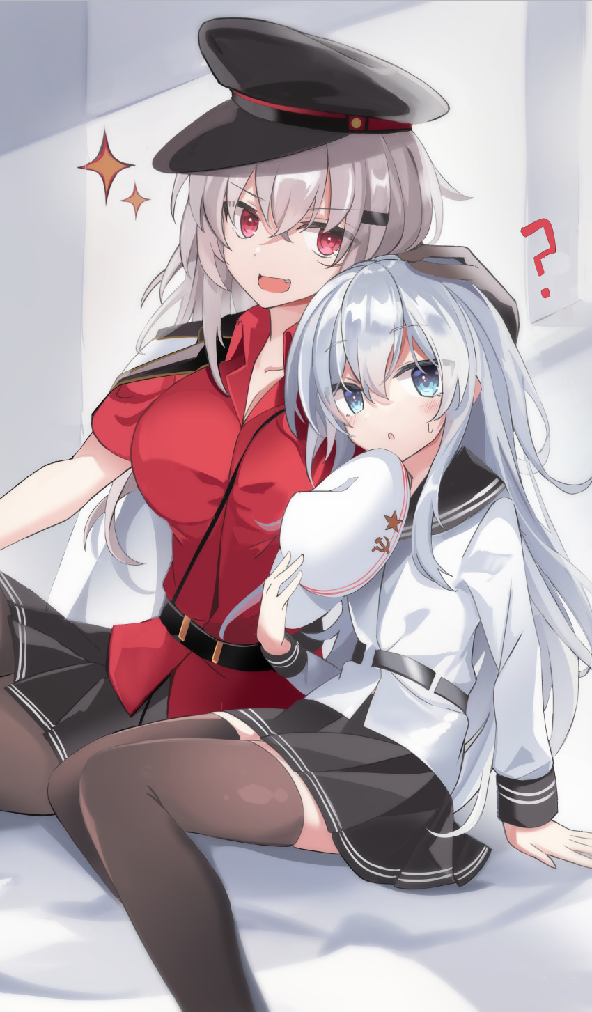 2girls absurdres black_gloves black_legwear black_skirt blue_eyes fathom flat_cap gangut_(kancolle) gloves grey_hair hammer_and_sickle hand_on_another's_head hat headwear_removed height_difference hibiki_(kancolle) highres holding holding_clothes holding_hat jacket kantai_collection long_hair long_sleeves miniskirt multiple_girls pantyhose peaked_cap pleated_skirt red_eyes red_shirt remodel_(kantai_collection) scar scar_on_cheek scar_on_face shirt silver_hair sitting skirt thigh-highs verniy_(kancolle) white_headwear white_jacket